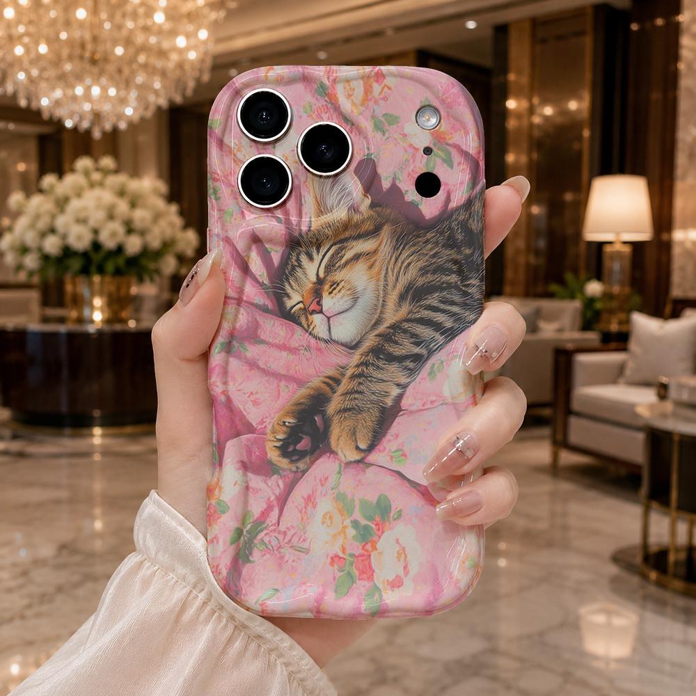 Sleep Tabby Cat Floral Pillow Wavy Edge Phone Case For iPhone 16 15 14 Pro Max 13 12 11 Mini XR XS SE 2020 7 8 Air Cover