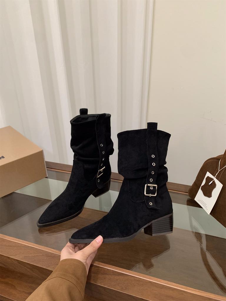 High Heel Pointed Skinny Suede Martin Boots Women's Boots 2025 Autumn and Winter Western Cowboy Medium Boots Pile Boots Short Boots