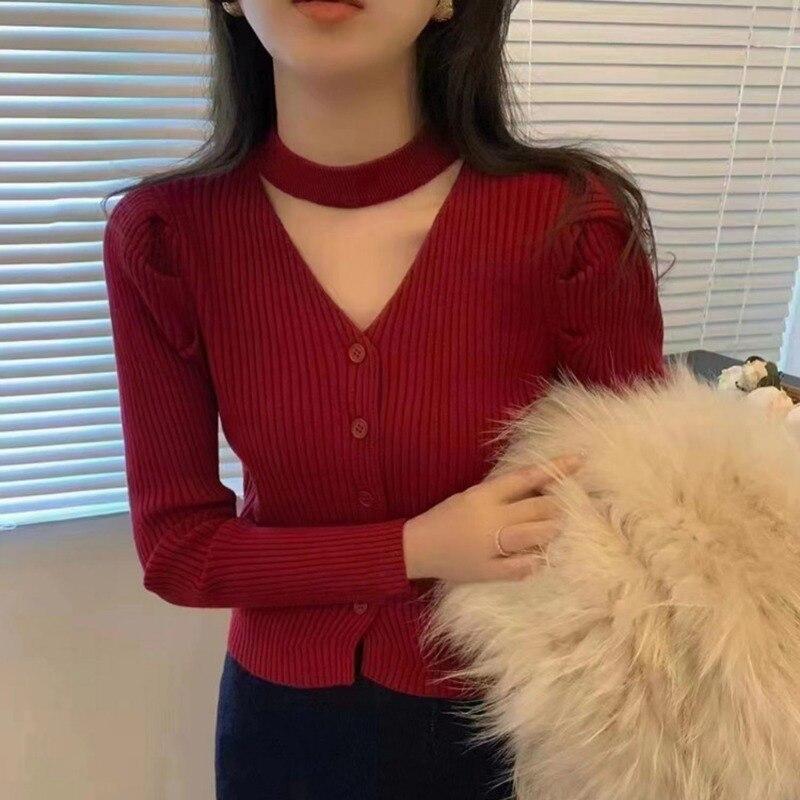 

Корейский модный кардиган с v-образным вырезом на шее, женские вязаные топы, осень-зима 2023, свитер во французском стиле с пышными рукавами, одежда 28990 One Size красный