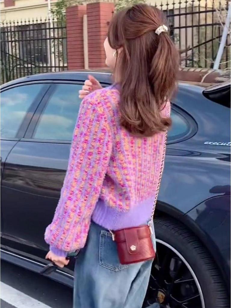 Women's Purple French Style Retro Knitted Cardigan - Autumn/Winter, Long Sleeve, Thickened, Short Round Neck Sweater