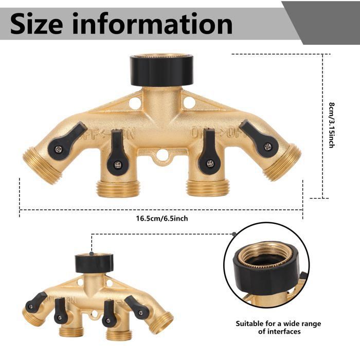Splitteur 4 voies en laiton 3/4" pour robinet - Distributeur tuyau d'arrosage avec vannes individuelles