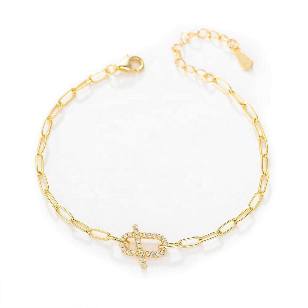 925 Sterling Silver Toggle Clasp Bracelet Gold Plated White CZ Geometric Chain Jewelry