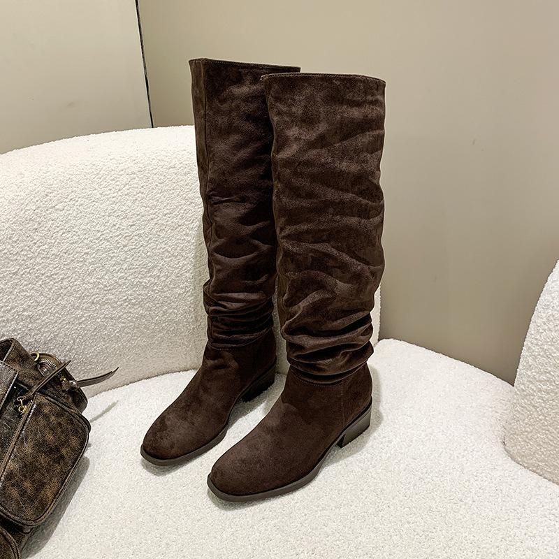 Stiefel aus Veloursleder Damen Ritterstiefel Retro Wildleder Dicke Ferse Quadratische Spitze 2025 neue geraffte kniehohe Stiefel Kinder