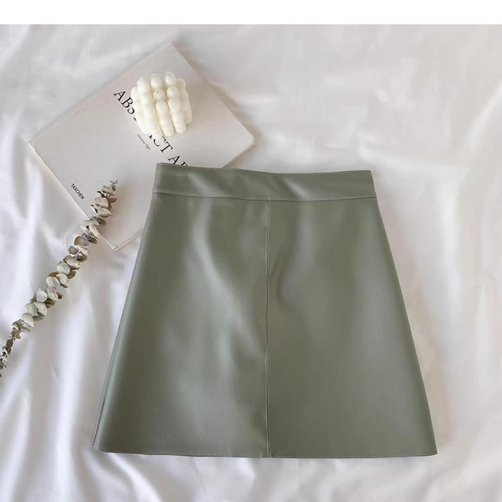 Autumn/Winter 2023 Women's PU Leather A-Line Skirt - High Waist, Slim Fit, Knee-Length, Casual Korean Style