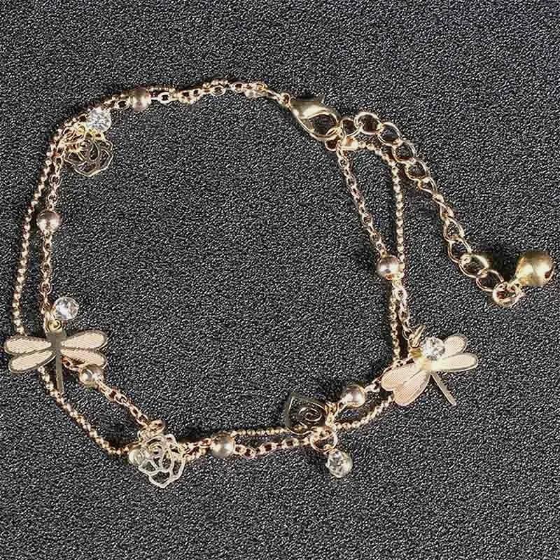 Aolly Crystal Gold Color Barefoot Sandal Beach Jewelry Foot Jewelry Bead Chain Anklets Bracelets Dragonfly For Women
