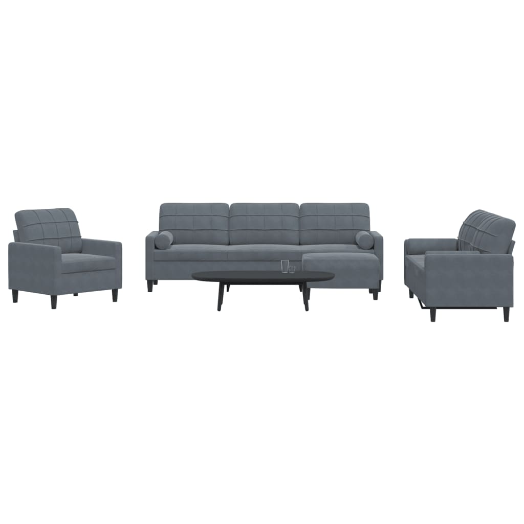 4 Piece Velvet Sofa Set with Cushions and Neck Rollers Dark Grey