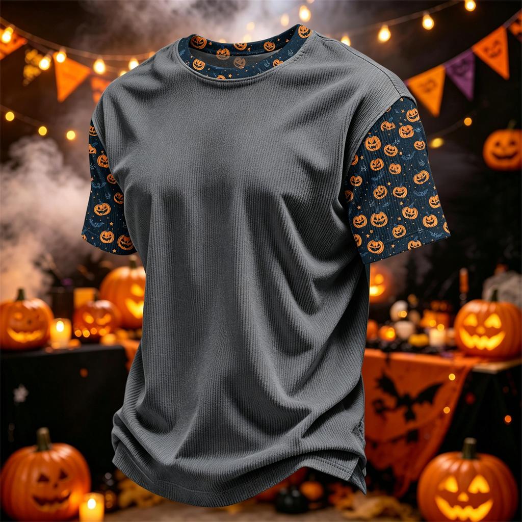 Herren Freizeit Corduroy Kurzarm T-Shirt Leicht Atmungsaktiv Rundhals Oberteil mit Halloween Print Ärmeln und Kragen Design