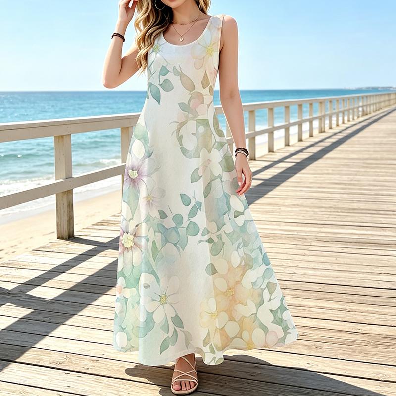 Sleeveless Maxi Dress,Women U Neck Sundress,Green Leaves Floral Watercolor Print,Loose A Line Silhouette,Summer Beach Outfit,Holiday Flowy Long Gown