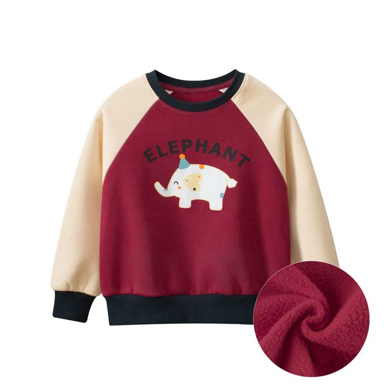 Korean Style Children s Clothing Autumn and Winter New 2026 Children s Fleece Sweatshirt with Cartoon Elephant Print and Patchwork Sleeves Raglan Top Hw2507 Date Red/Rice Apricot 110
