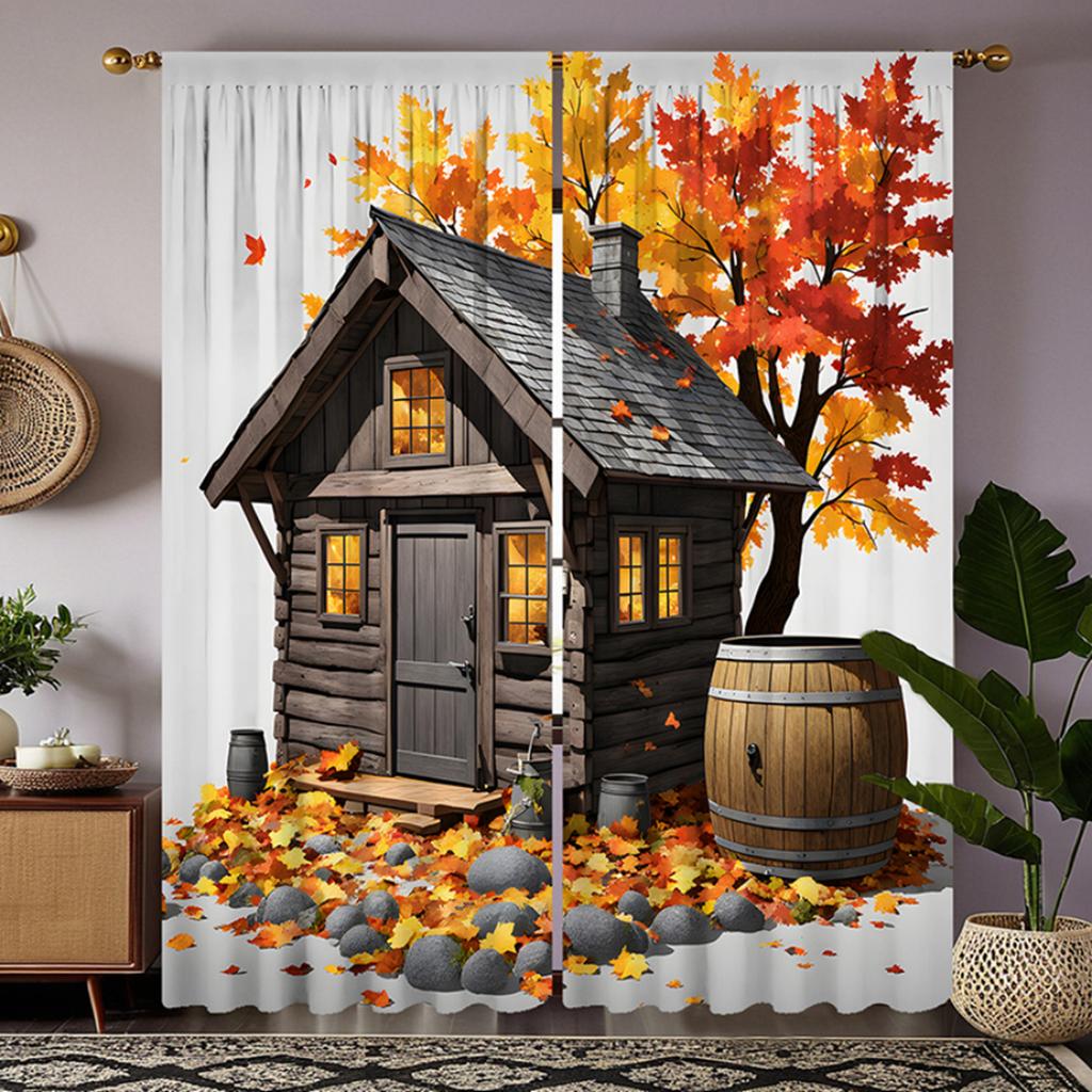 2pcs  HD autumn wooden house under maple tree decorative curtain Yellow tie digital printed curtain Home decoration style deco