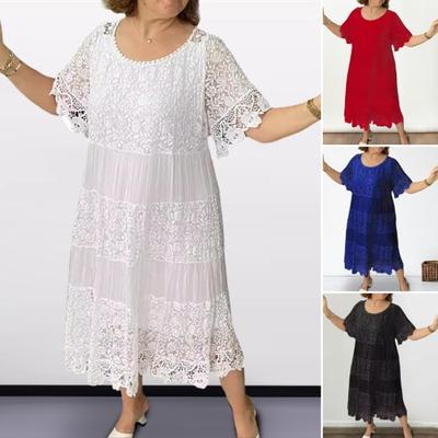 Women Dress Lace Patchwork Round Neck Short Sleeves Hollow Out Flower Embroidery Pleated Loose Mid-calf