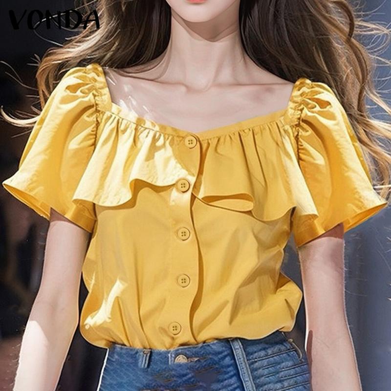 

VONDA Женская летняя повседневная блузка с короткими рукавами и оборками на квадратном вороте S жёлтый