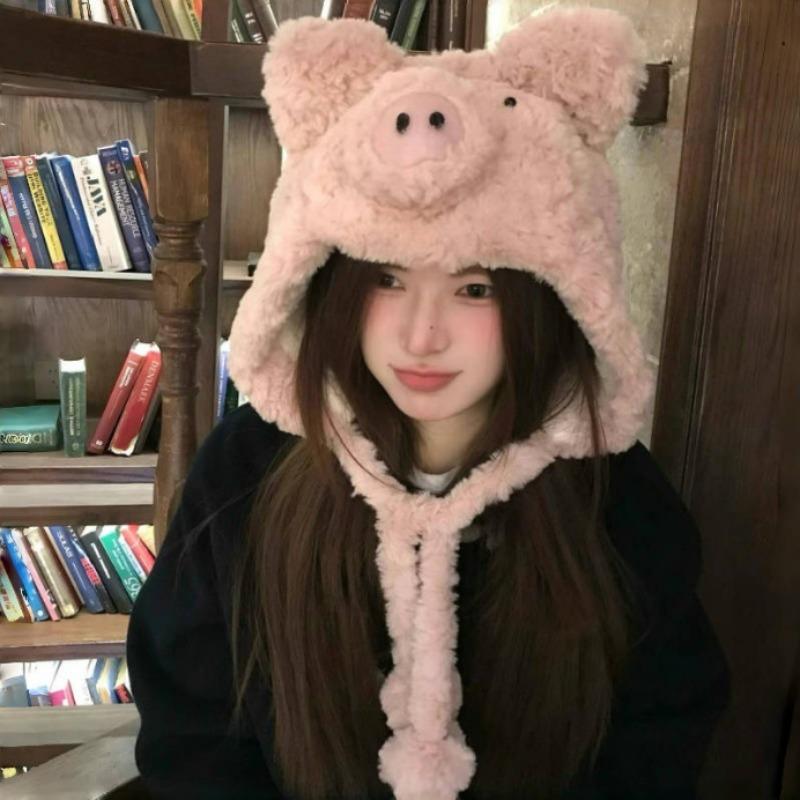 Plush Cartoon Cute Pig Shaped Autumn and Winter Warm and Cold Resistant Thick Protective Creative Fun Hat Practical and Warm
