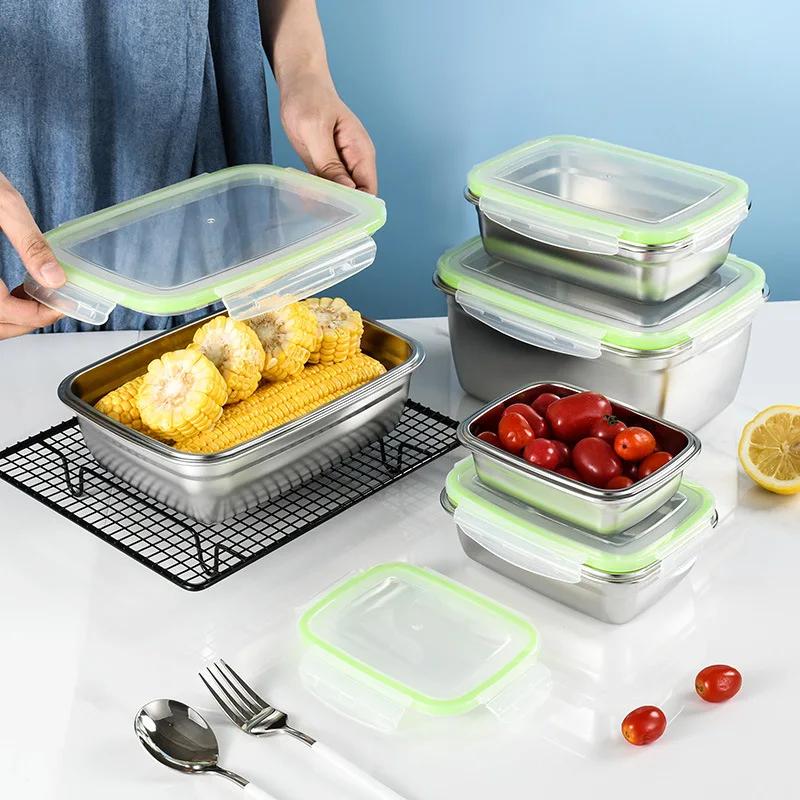 Stainless Steel Lunch Box Fruit Sealed Korean Leakproof Fresh-keeping Storage Refrigerator Freezer Food Box for Household Office