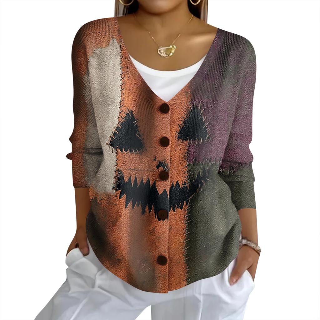 Women's Fashion Casual Knit Sweater Button-Up Halloween Printed  Cardigan Jacket