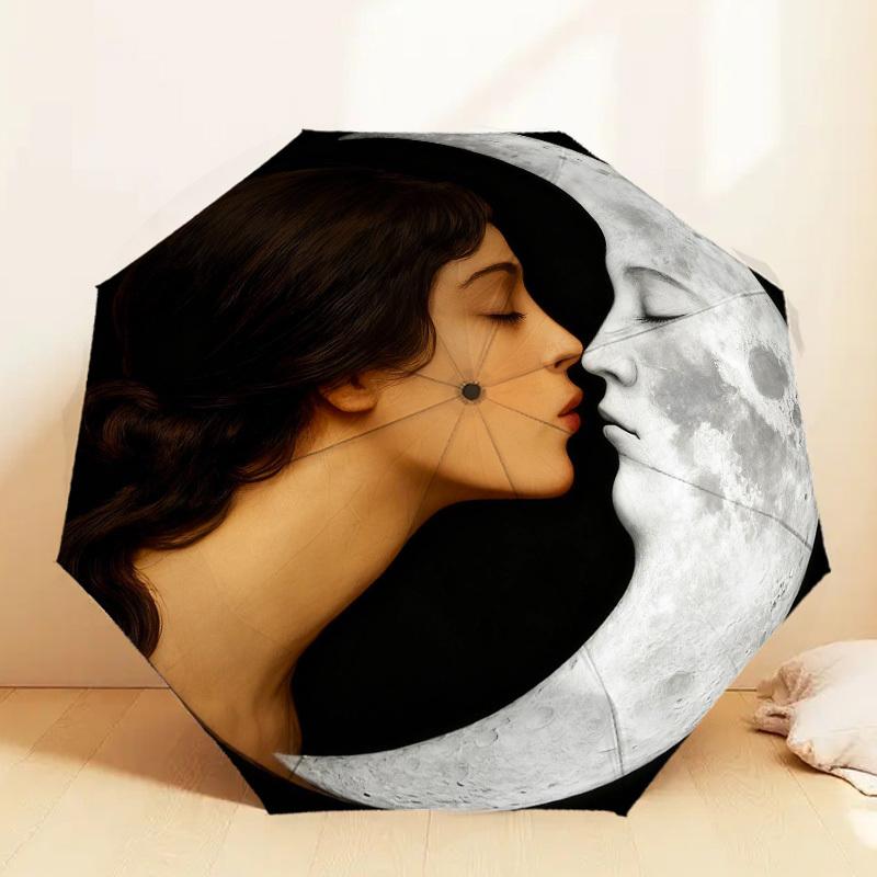 1pc Moon Kiss Automatic Folding Umbrella, Heavy Duty 8 Rib Iron Frame, Suitable for Travel, Daily Use, Birthday, Decor Gift m0104097
