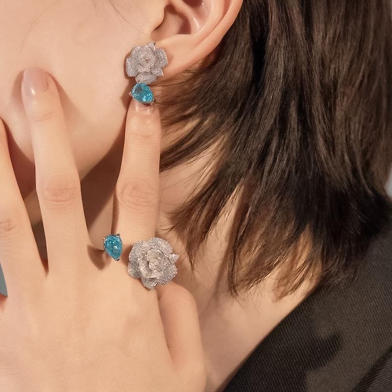 Luoxi Temple 2024 Camellia Ring: 925 Silver with 7x10mm Aquamarine Ice Flower Cut