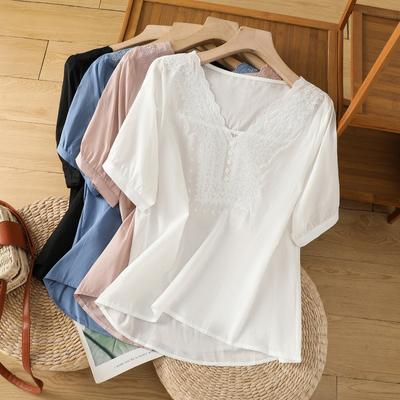 Cotton Linen Flower Embroidery Shirt Women Short Sleeves V Neck Casual Blouses Loose Solid Color Mother T-shirt Women Top