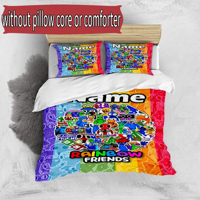 3pcs Duvet Cover Set (1*Duvet Cover + 2*Pillowcase, Without Core), Custom Name Game Rainbow Friends Pattern Bedding Set, Home Bedroom Decor Gift