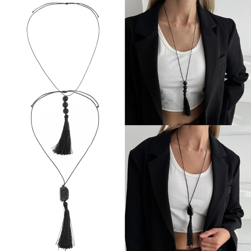 Stylish Retro Long Beaded Necklace Featuring Black Resin Pendant And Delicate Fringe Designs For Daily Wear