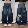 Mens Relaxed Fit Straight Leg Denim Pants With Vintage Embroidery Print Hip Hop Streetwear Harajuku Style