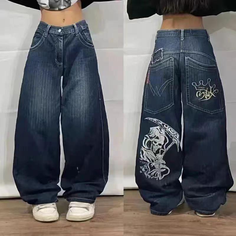 Mens Relaxed Fit Straight Leg Denim Pants With Vintage Embroidery Print Hip Hop Streetwear Harajuku Style