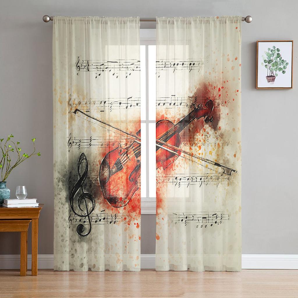 Retro Music Poster With Vinyl Gramophone Chiffon Sheer Curtains for Living Room Bedroom Window Curtain Voiles Tulle Cortinas