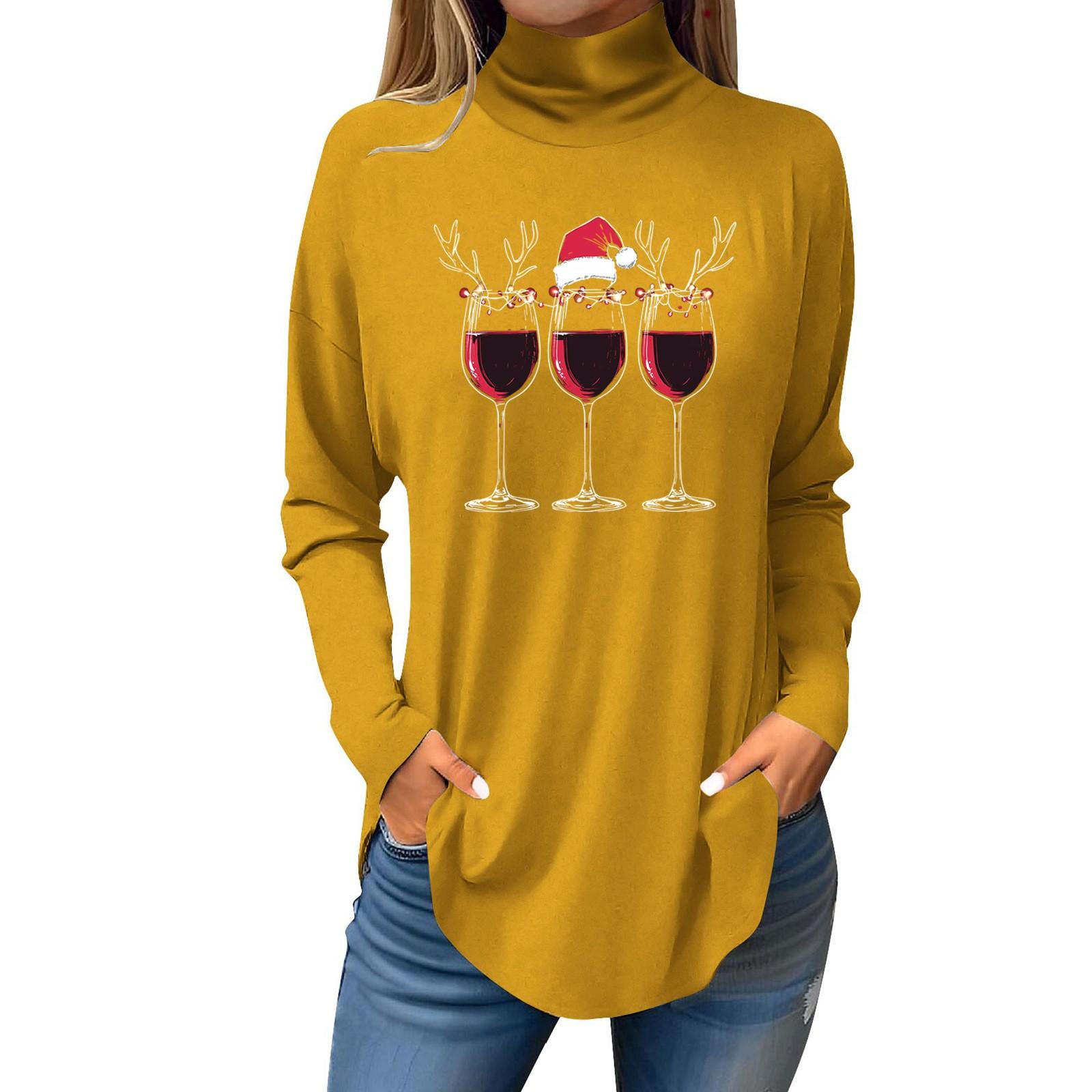 

Женская свободная водолазка с рождественским принтом, футболка с длинными рукавами, топ и джемпер XL жёлтый