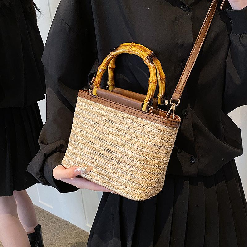 Weaving Bag Summer New Bamboo Handle Tote Straw Bag Niche Simple Shoulder Crossbody Bucket Bag Women's Bag AVE