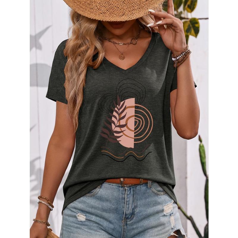 Bohemian Style Modern Abstract Nature Elements Illustration Pattern V-Neck Short Sleeve T-Shirt, Suitable for Outing And Leisure, Casual, Daily Wear