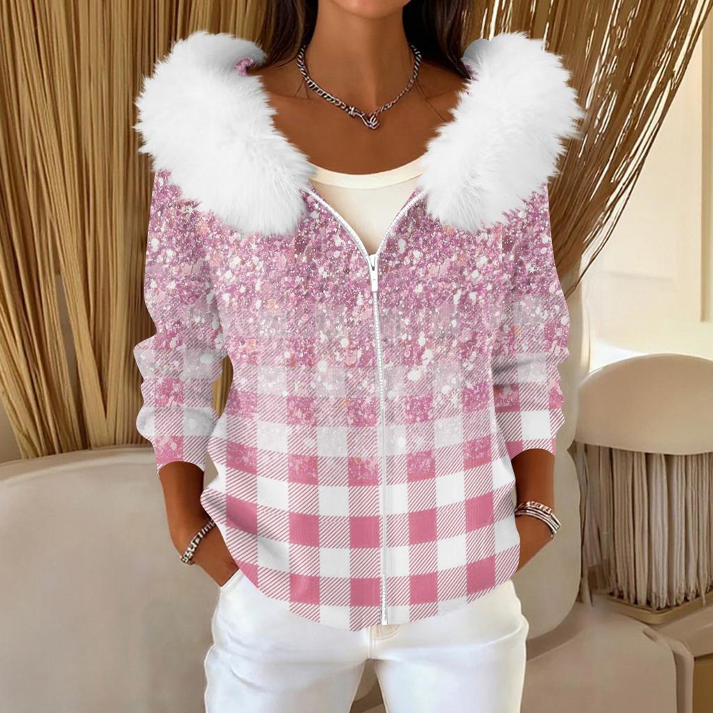 Women's Fashion Casual Sweater Zipper Print Cardigan Plush Hooded Jacket