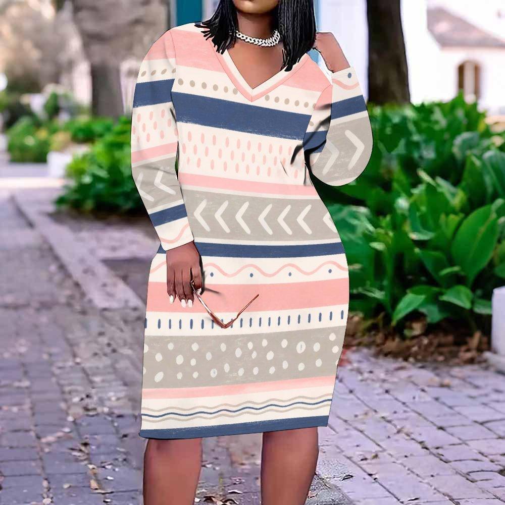Women Plus Size V Neck Long Sleeve Printed Fitted Straight Hem Dress