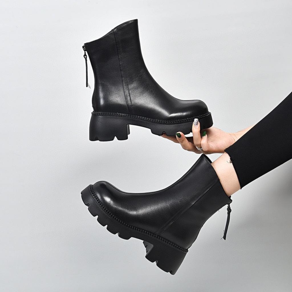 Thick-soled Rear Zipper Martin Boots Autumn and Winter New First-layer Cowhide Knight Boots Round Head Thick Heel Medium Boots