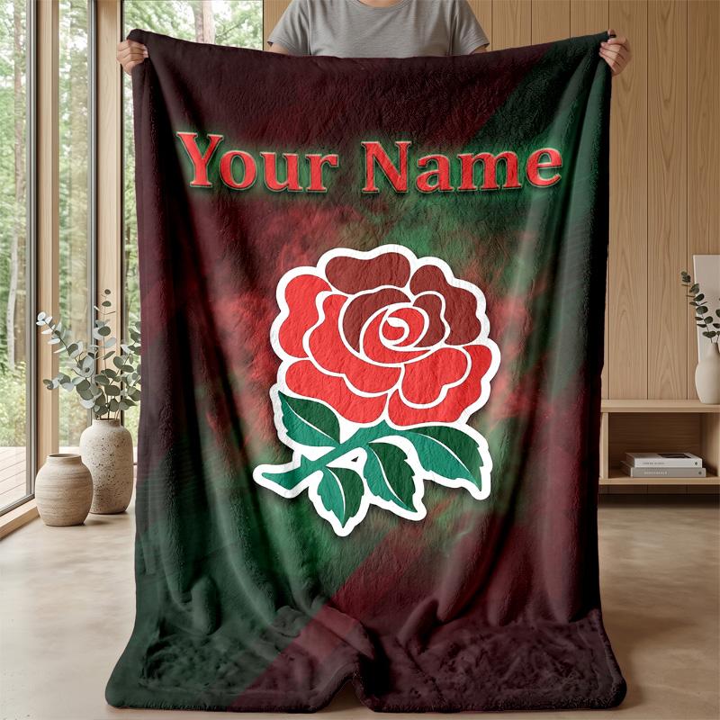 England Rugby Custom Flannel Throw Blanket Print Your Name Text Soft Warm Blanket Holiday Present