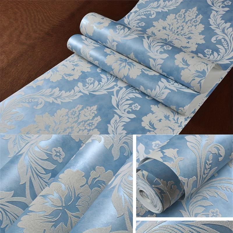 Luxuriöse europäische himmelblaue florale Vliestapete (1 Rolle) - Verdickt, nicht selbstklebend mit Perlmuttbasis für Küche/Schlafzimmer/Wohnzimmer/Arbeitszimmerwand
