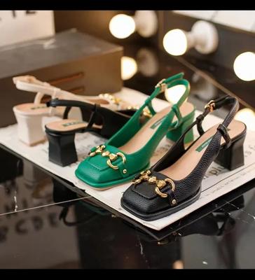 Women's Mid-heel 5.5CM 2026 Summer French Style Back Empty Female Thick Heel Square Toe Shoes Black Green