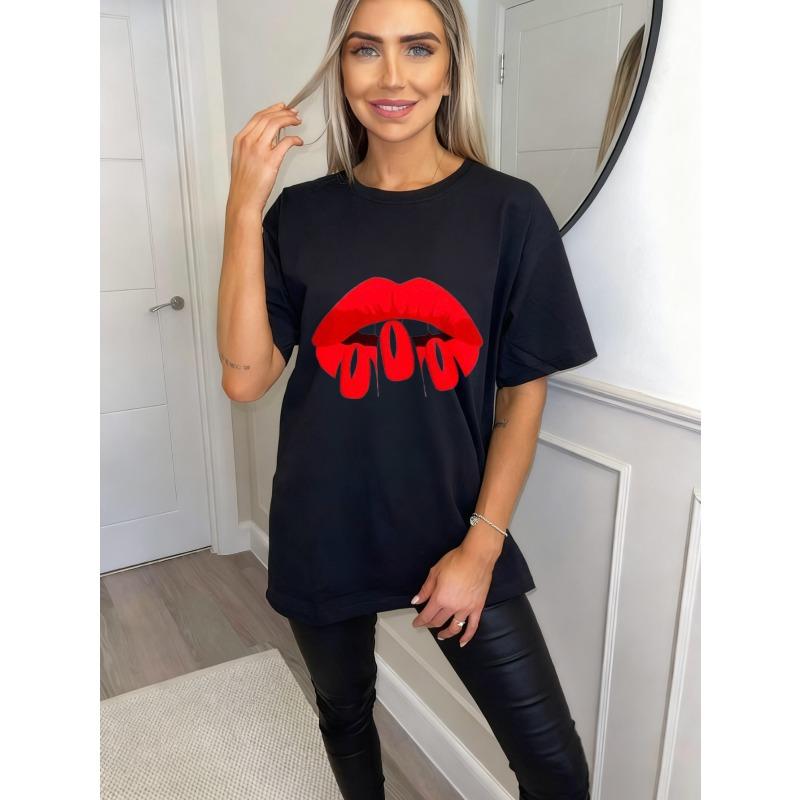 Oversized T Shirt Black Red Lips With Text Gogo Casual Wear For Women Summer Fashion Statement Top Street Style Outfit