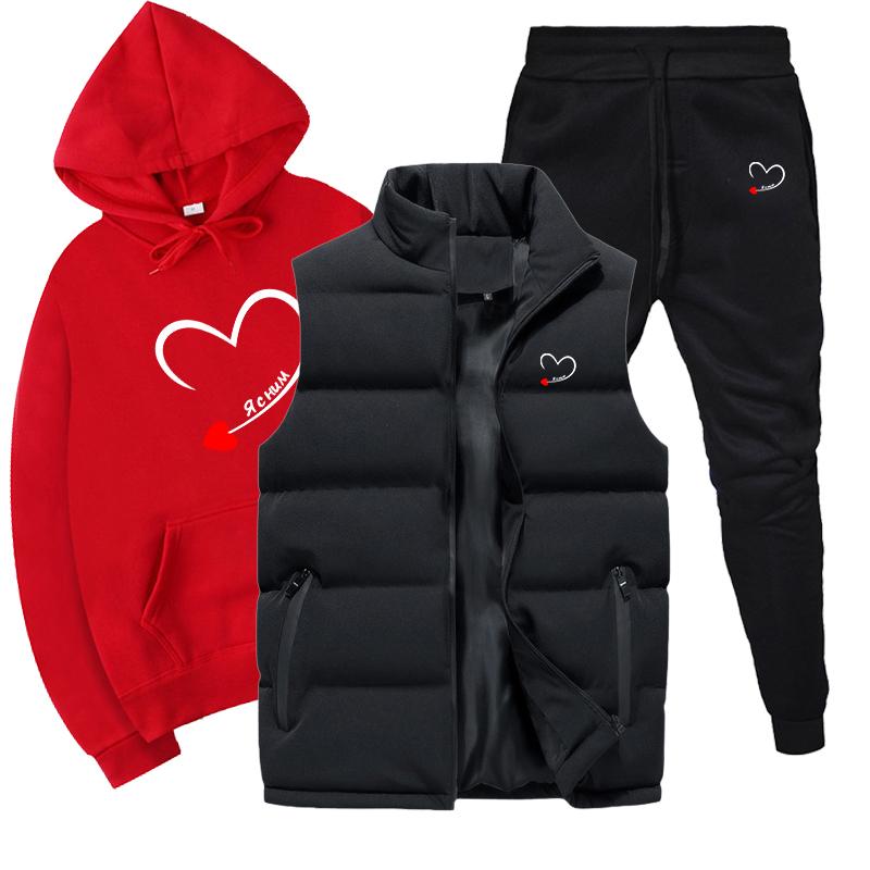 

Мужские и женские толстовки, комплект из 3 предметов, осенне-зимние толстовки + жилет + брюки, спортивный костюм S красный