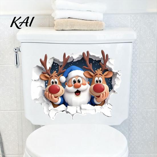 DIY Room Beautification Stickers Christmas Santa Claus And Elk Toilet Stickers, 3D Wall Breaking Decals, Decorative Window Films for Waterproof