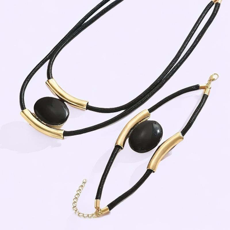 Halskette Armband Set Schwarzer Acryl Anhänger Mehrlagig Retro Schlichter Schmuck