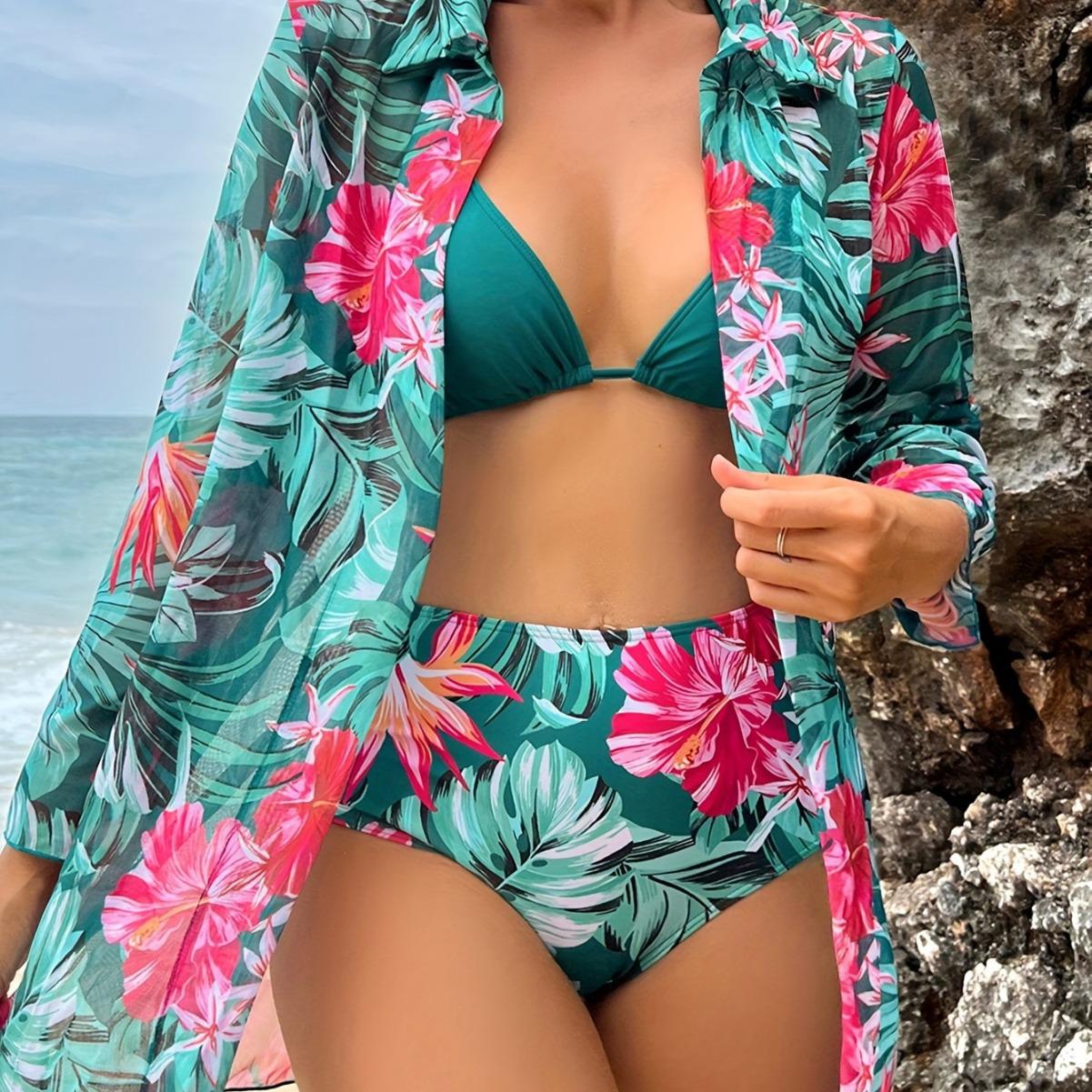 

Европейский и американский принт, комплект бикини: Сексуальный стиль тропического леса с раздельным купальником и накидкой с длинными рукавами. L