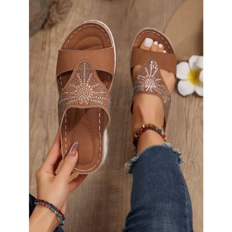 Women's Spring and Summer Slip-On Sandals with Hollow Round Toe, Rhinestone Embellishments, Wedge Heel, and Thick Sole for The Beach