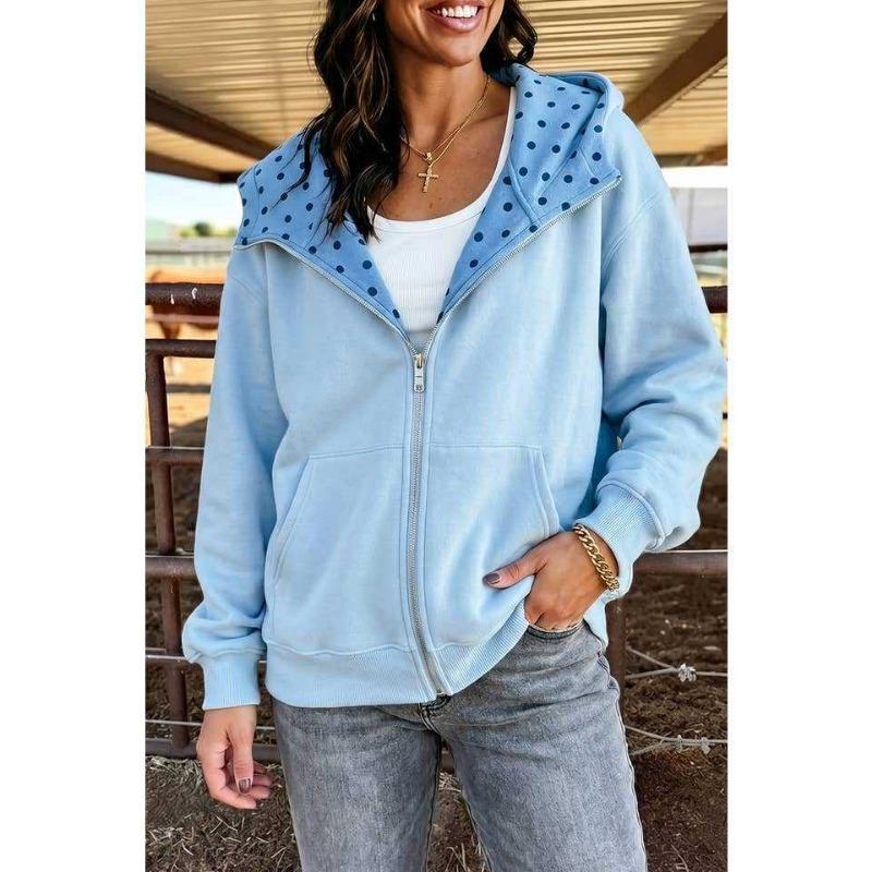 Cappotto Felpato con Cappuccio a Pois Patchwork con Zip a Manica Lunga da Donna