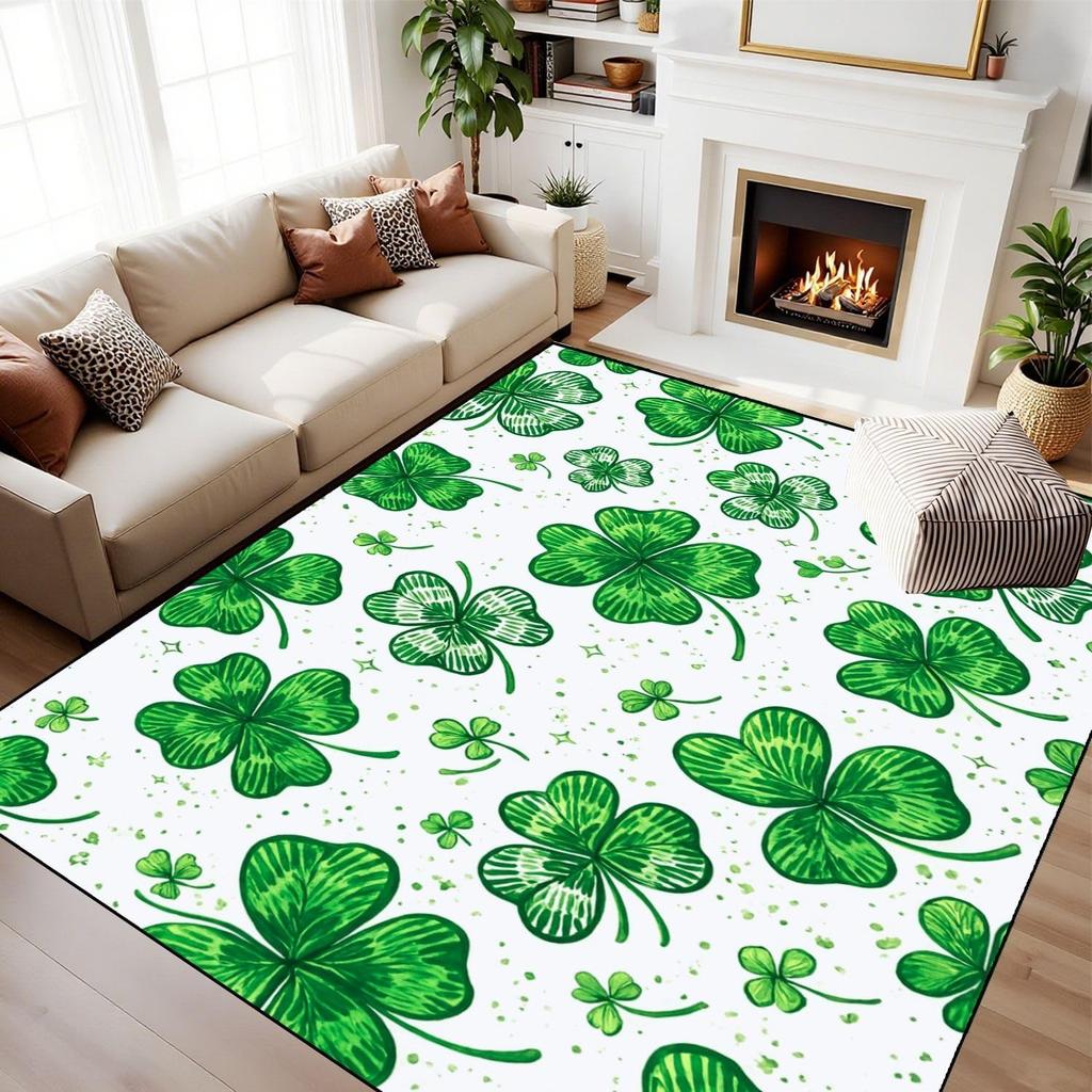 St. Patrick's Day Area Rug Green Clover Shamrock Bowknot Print Home Decor Living Room Carpet Soft Non-Slip Mat Holiday Gift