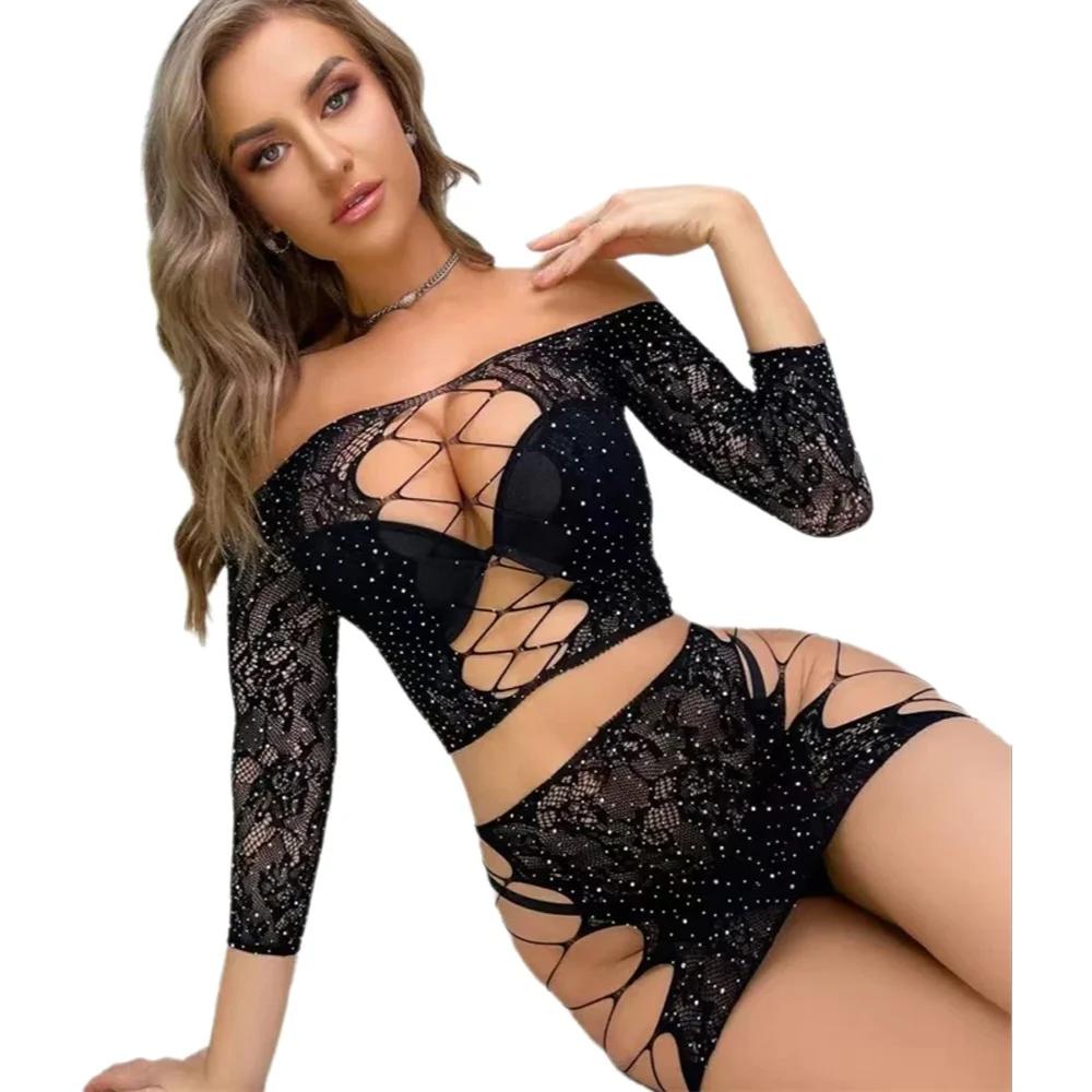 Hot Sexy Lingerie Diamond Fishnet Exotic Lingerie Mini Dress Set Women Rhinestone Open Crotch Mesh Body Tights