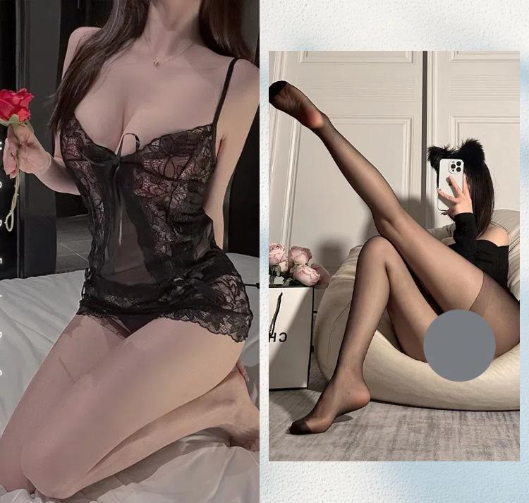 Sex Lingerie Purple Suspender Pajamas Women's Suit Sexy Transparent Lace Uniform Seduction Cosplay See-through Outfit