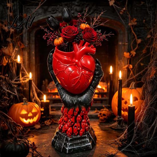 Skull Base Ornament Hand Holding Human Heart Organ Vase Gothic Anatomical Shaped Planter Spooky Halloween Desktop Flower Pot for Living Room