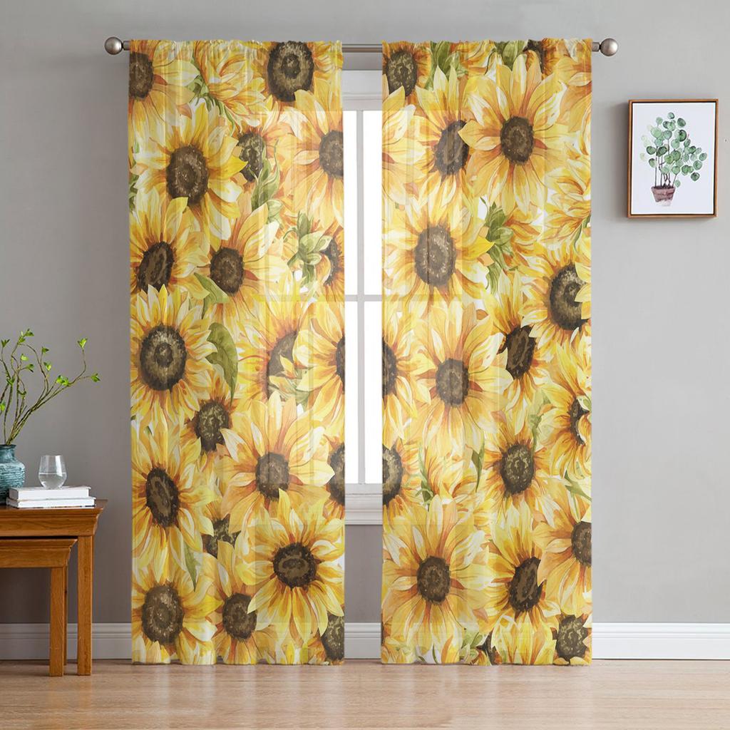 Sonnenblumen Aquarell Blumen Transparente Vorhänge für Wohnzimmerdekoration Fenstergardinen für Küche Tüll Voile Organza Vorhänge