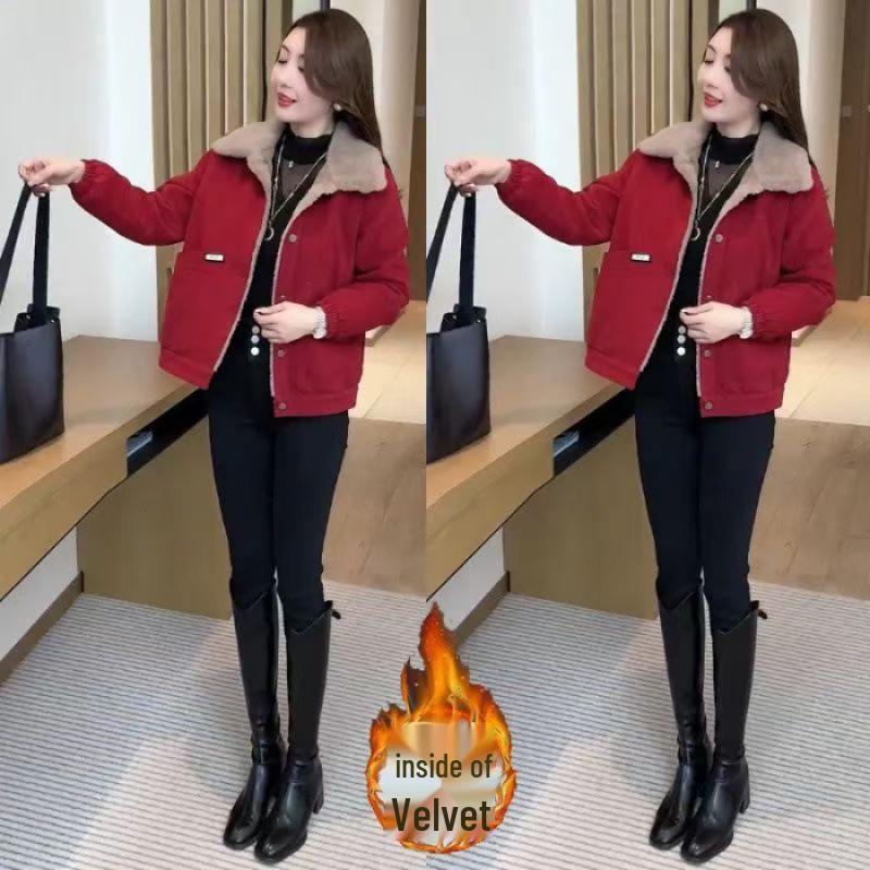 Petite Women s 2025 Winter Warm Velvet Jacket - Stylish, Versatile, Thickened Outerwear M вино красного