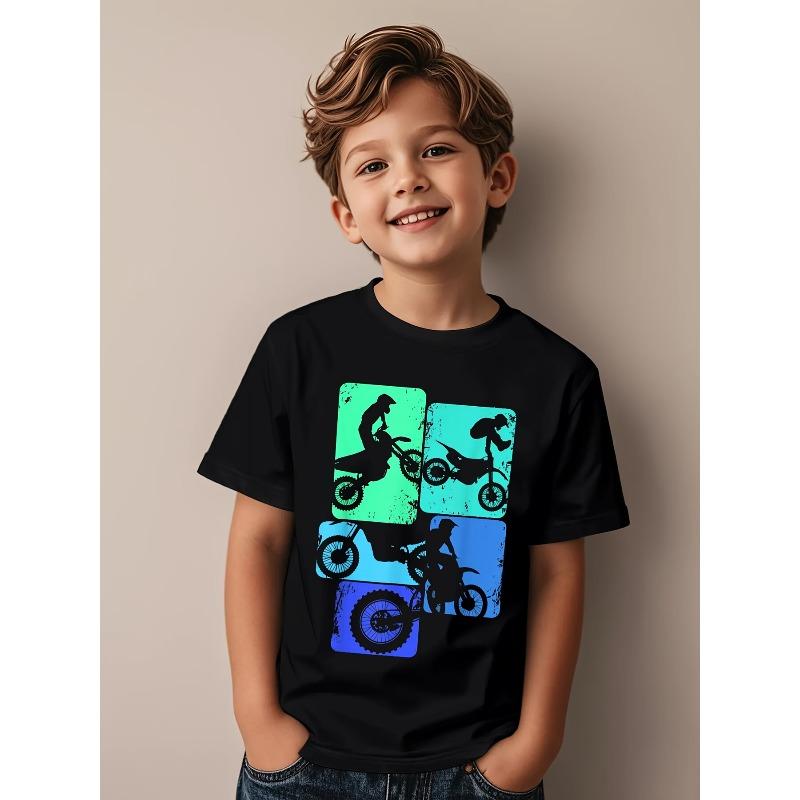 European sizes Boys Dirt Bike Rider Motocross Graphic T-Shirt - with Green & Dirt Biking Design, Short Sleeve Casual Round Neck Tee 98cm